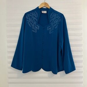 Maggie Sweet Teal Blue Embroidered Button Front Blouse 3X Native Bouquet